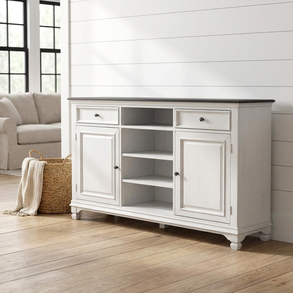 White Wirebrushed Highboy TV Console with Charcoal Top in Cottage Style