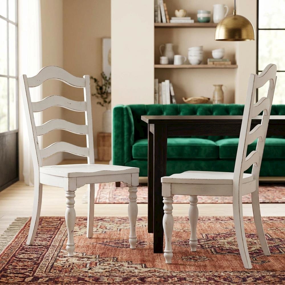 Solid Wood Ladder-Back Farmhouse Dining Chairs, White, Set of 2