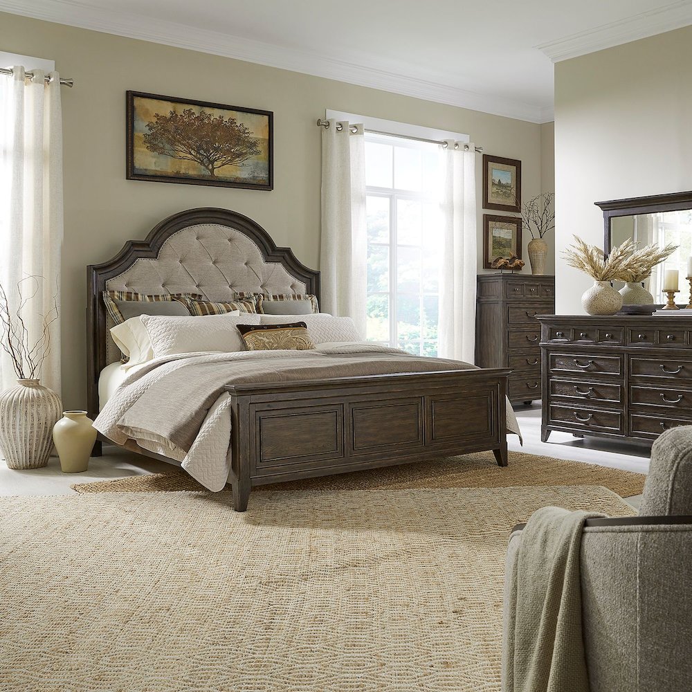 Paradise Valley King Upholstered Bed, Dresser & Mirror, Chest - Saddle Brown