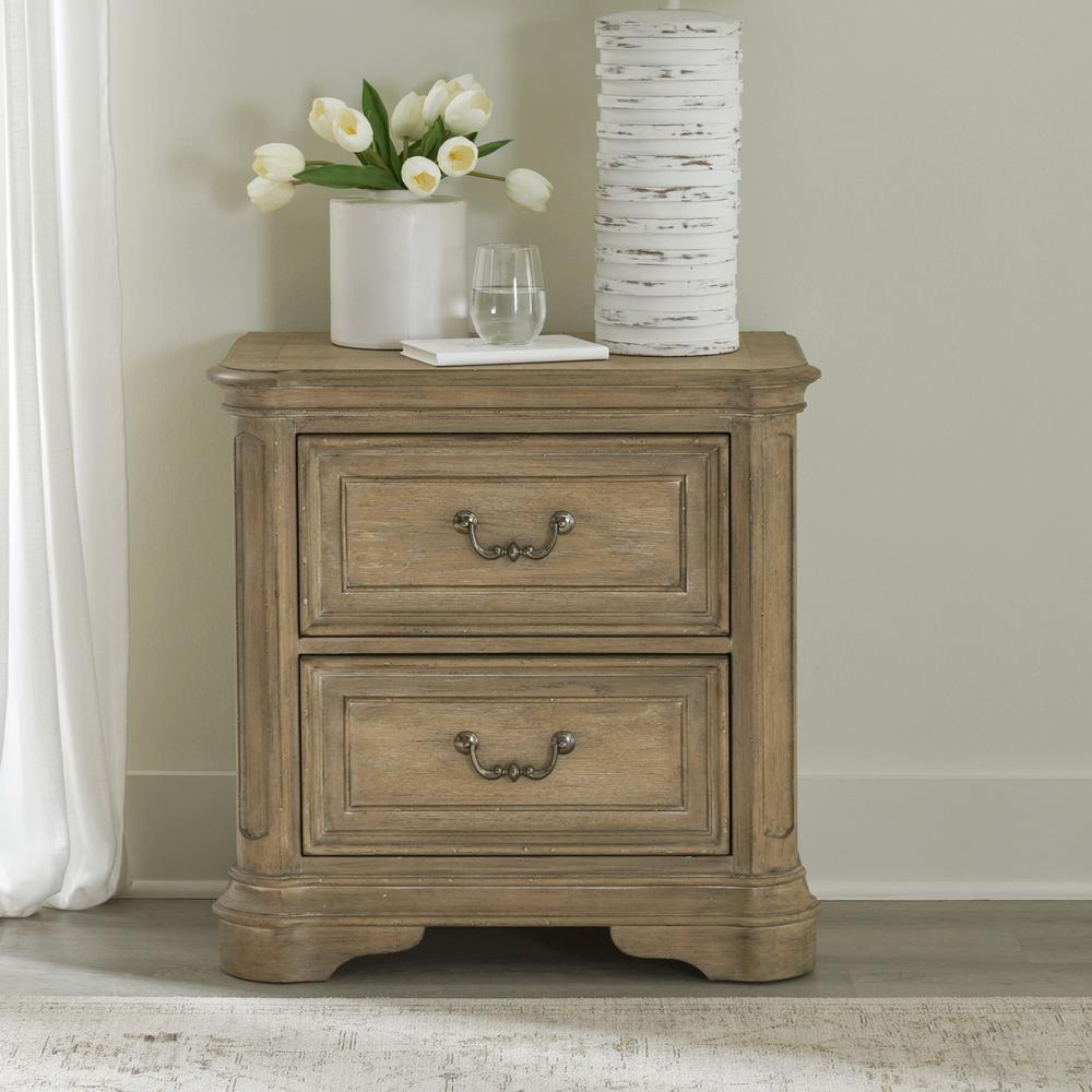 Queen Upholstered Bed, Dresser & Mirror, Night Stand - Weathered Bisque