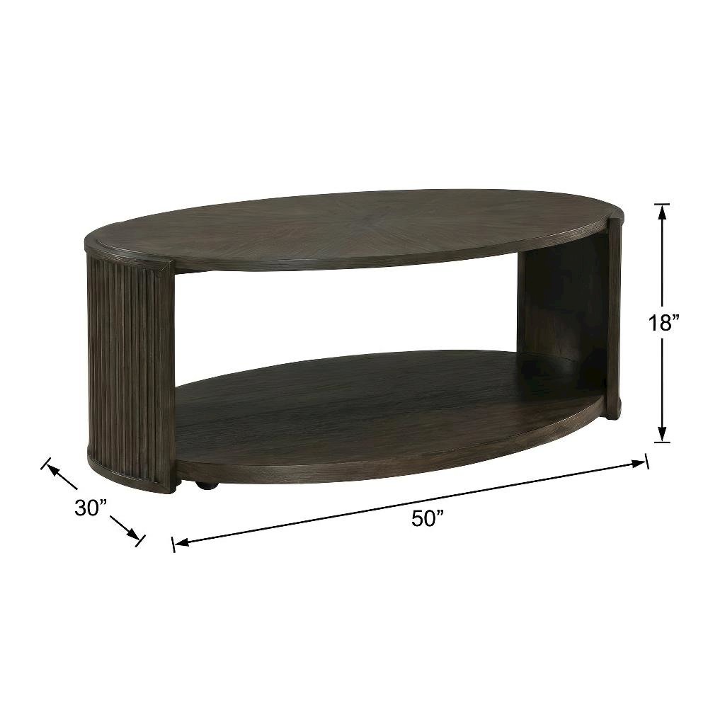 Brown Oval Cocktail Table with Rubberwood Base and Oak Veneer Top