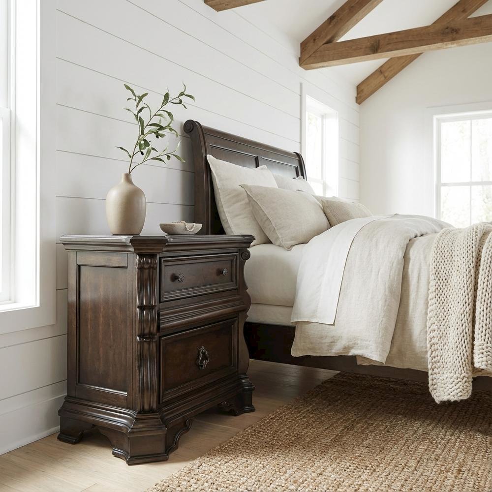 Brown Night Stand with European Traditional Design and Metal Accents