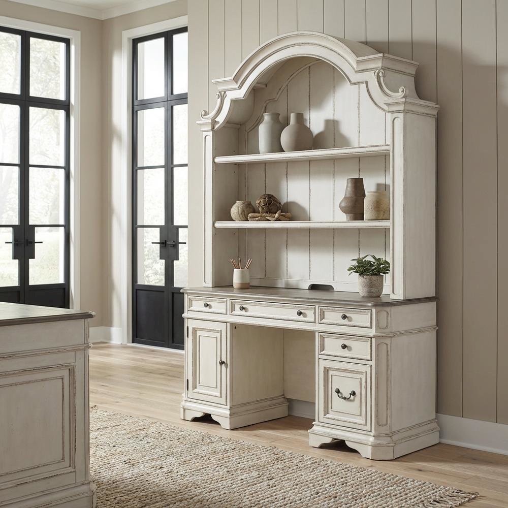 Antique White 3-Piece Office Desk And Hutch Set With Traditional Design