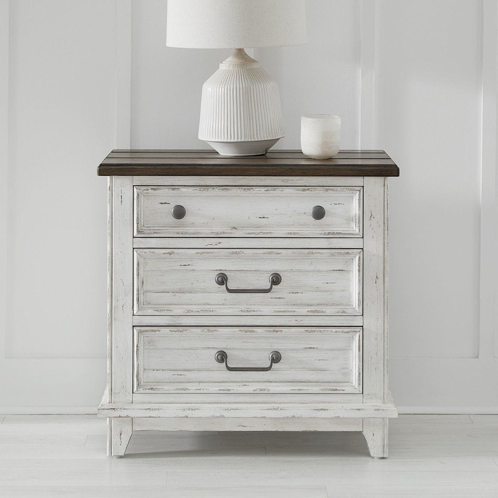 3 Drawer Nightstand with AC USB Charging Station Cottage , White & Tobacco Wood