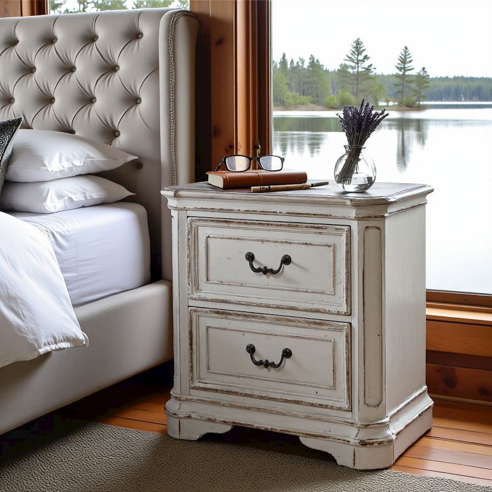 Antique White Nightstand with 2 Drawers, Vintage Bedroom Accent Piece
