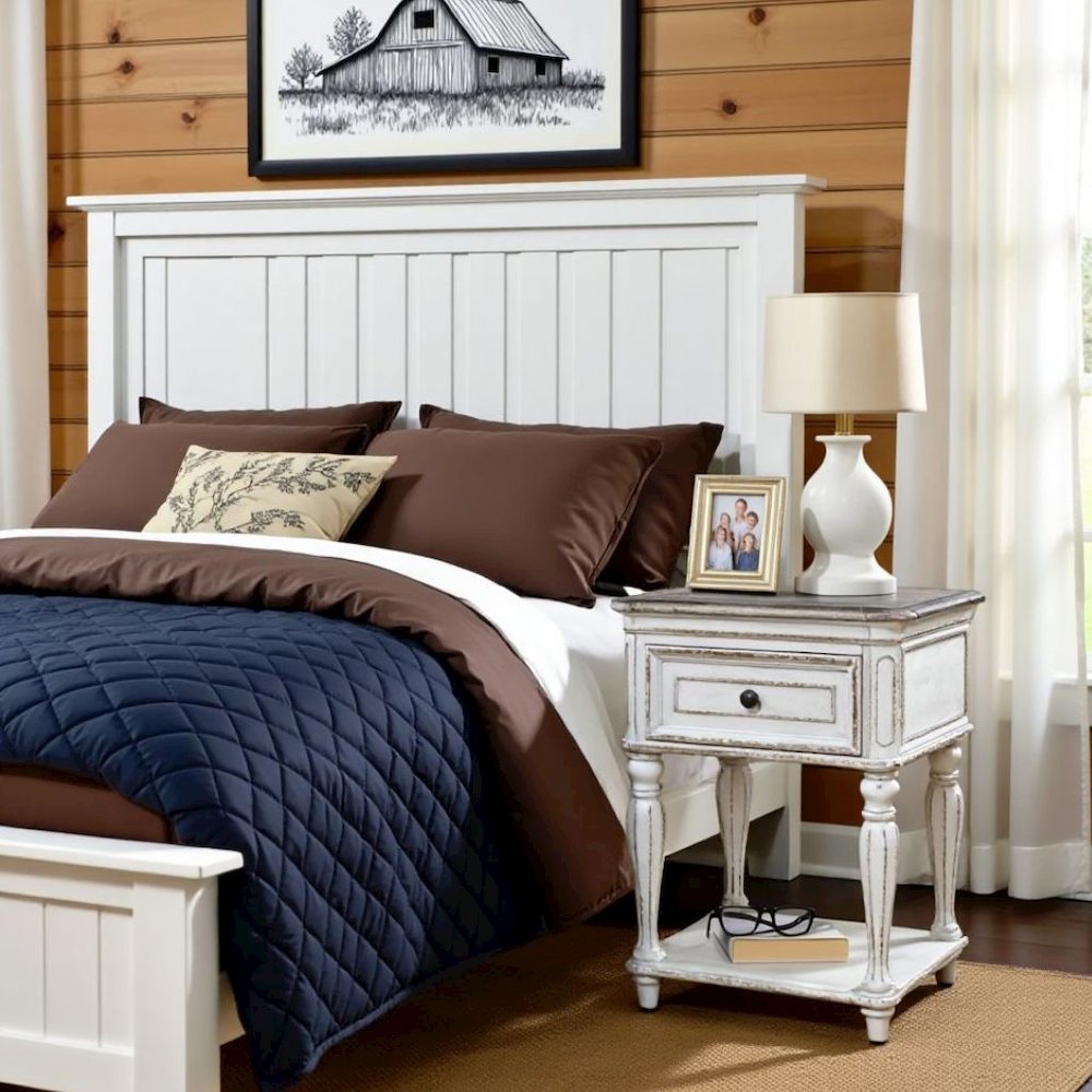 Antique White Nightstand with Drawer and Bottom Shelf, Rustic Accent Table