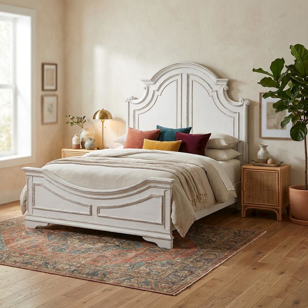 Solid Wood King Bed Frame and Headboard, European Traditional Panel Bed, White