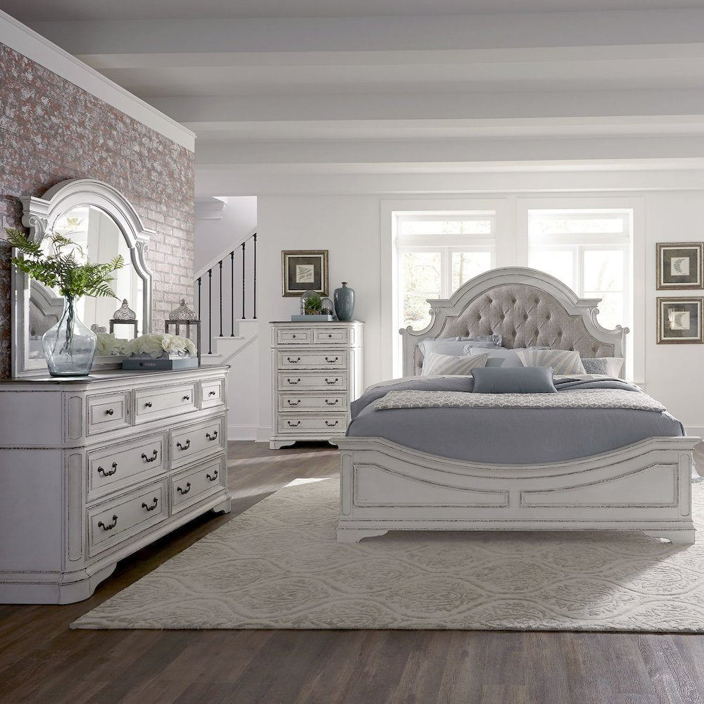 King Upholstered Bed, Dresser & Mirror - Antique White & Weathered Bark