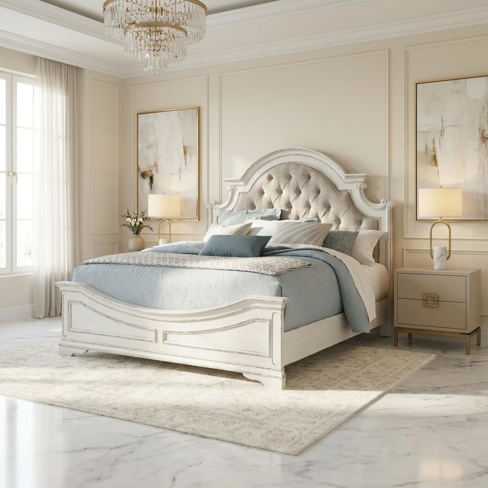 Chenille Upholstered King Platform Bed Frame with Headboard with Storage, White