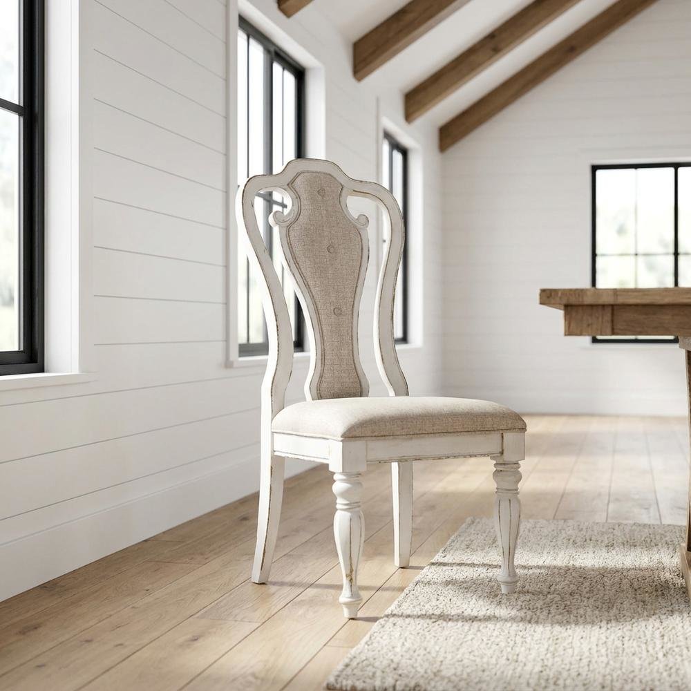 Chenille Upholstered Splat-Back Rubberwood Dining Chair for Dining Room, White