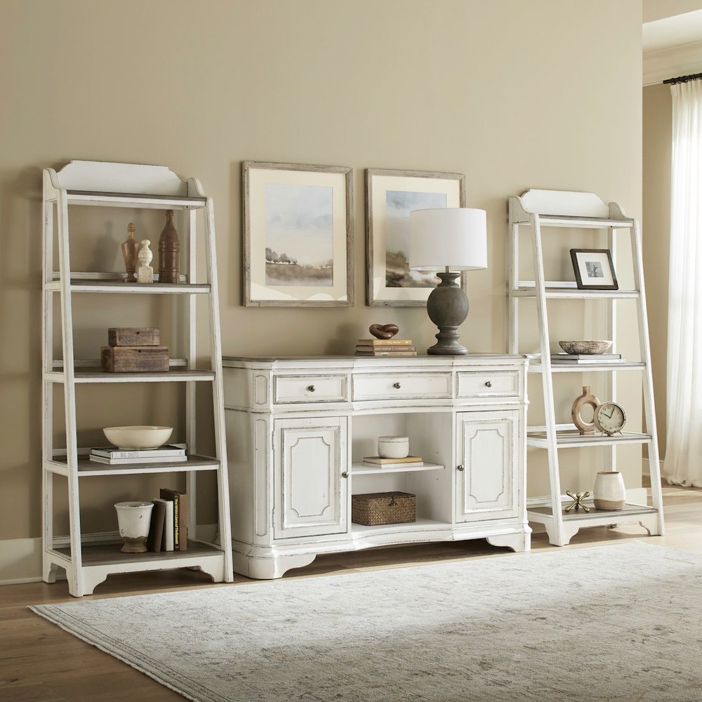 3 Piece Dining Room Set with Server, 2 Shelves - Antique White & Weathered Bark