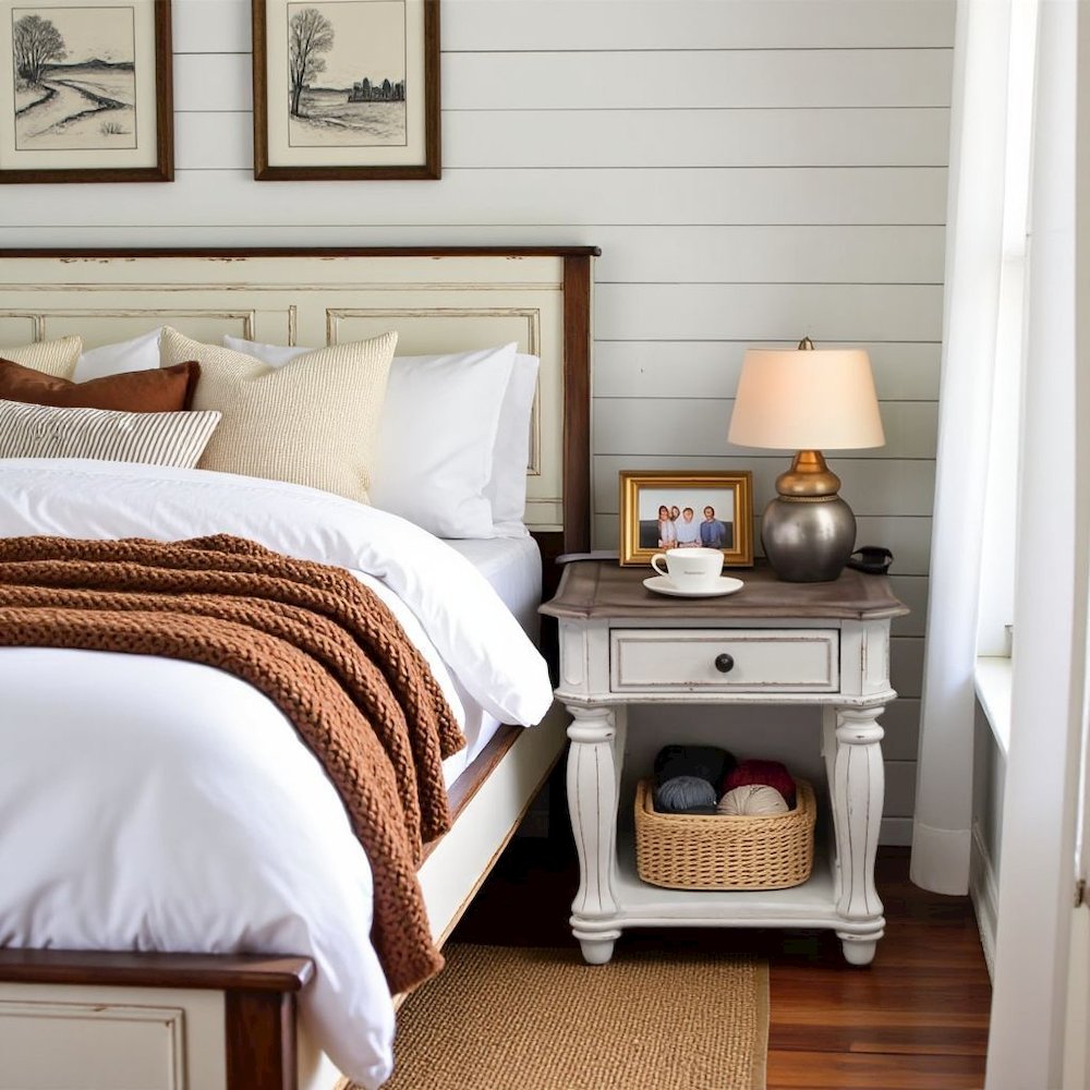 White Wooden End Table With Drawer and Shelf, Bedside Table for Bedroom
