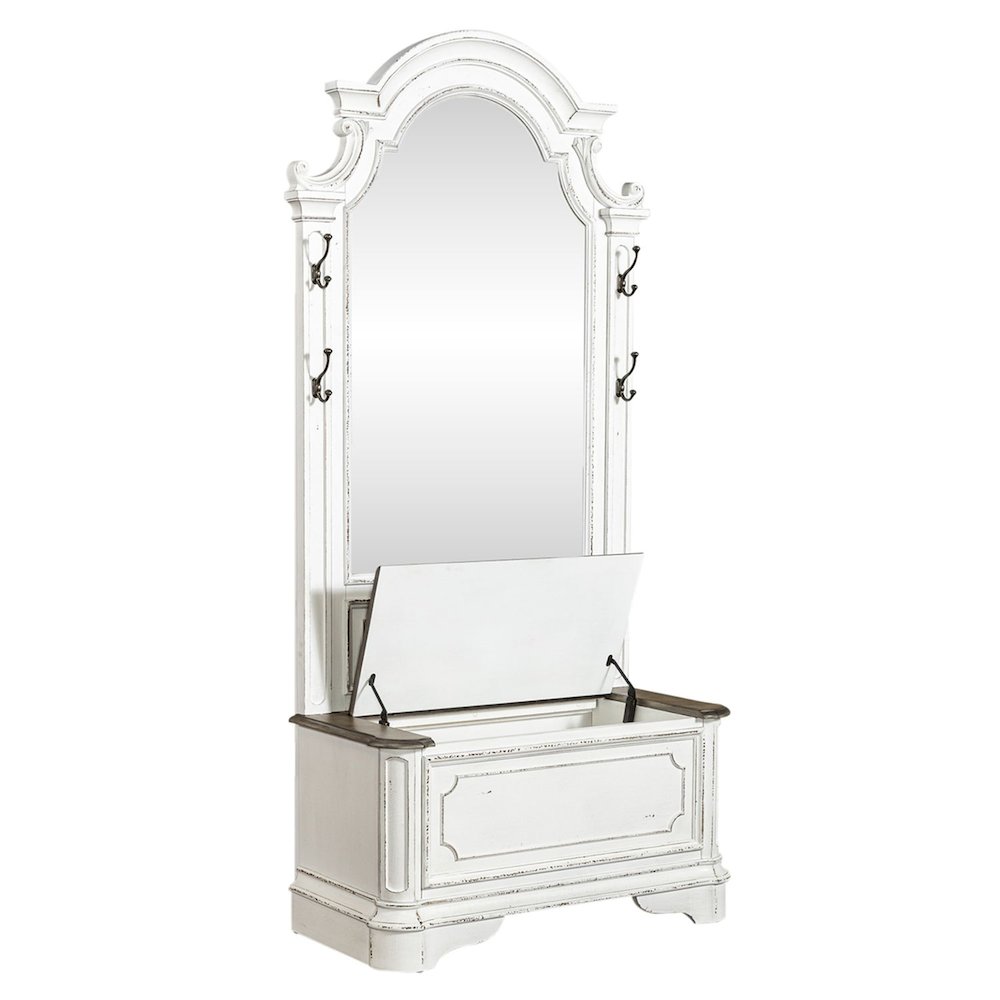 2 Pc Hall Tree Set with Arched Mirror & Lift Top Bench, White & Weathered Bark