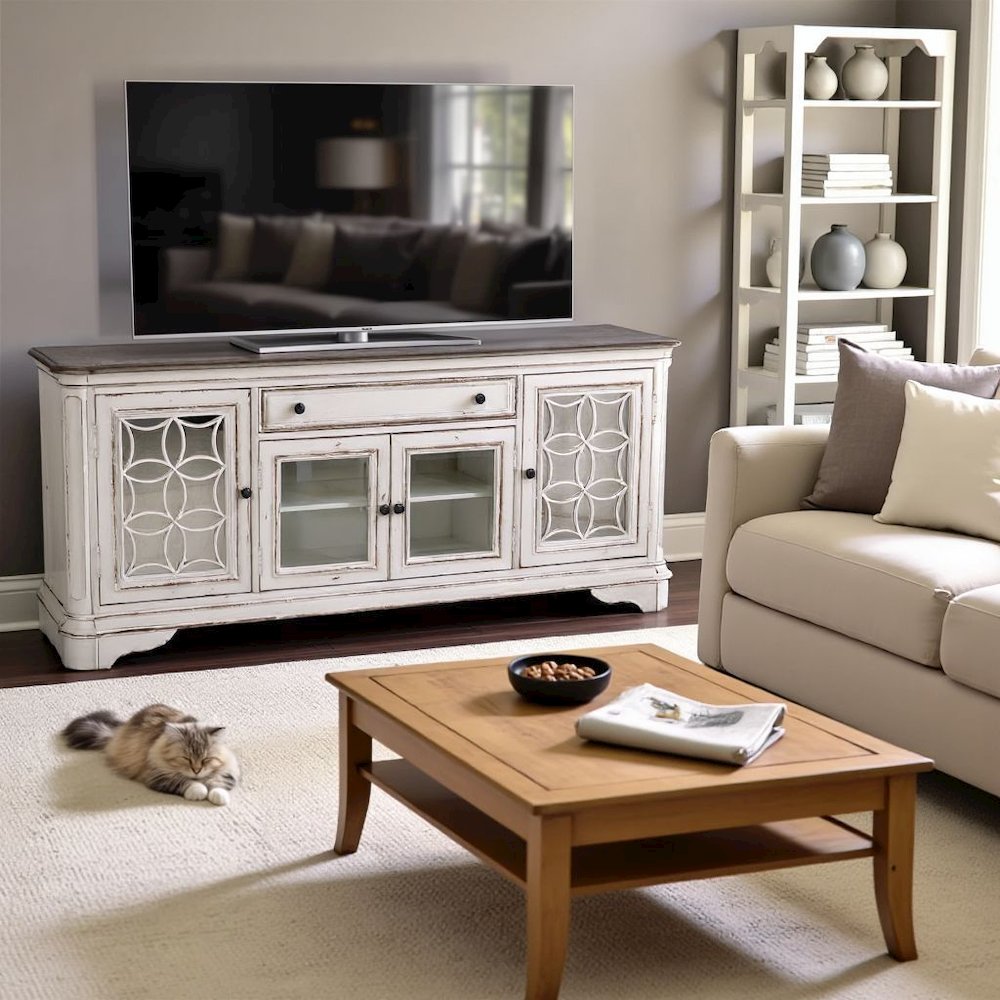 Antique White TV Console with Drawer and 4 Cabinets for Rustic Decor Use