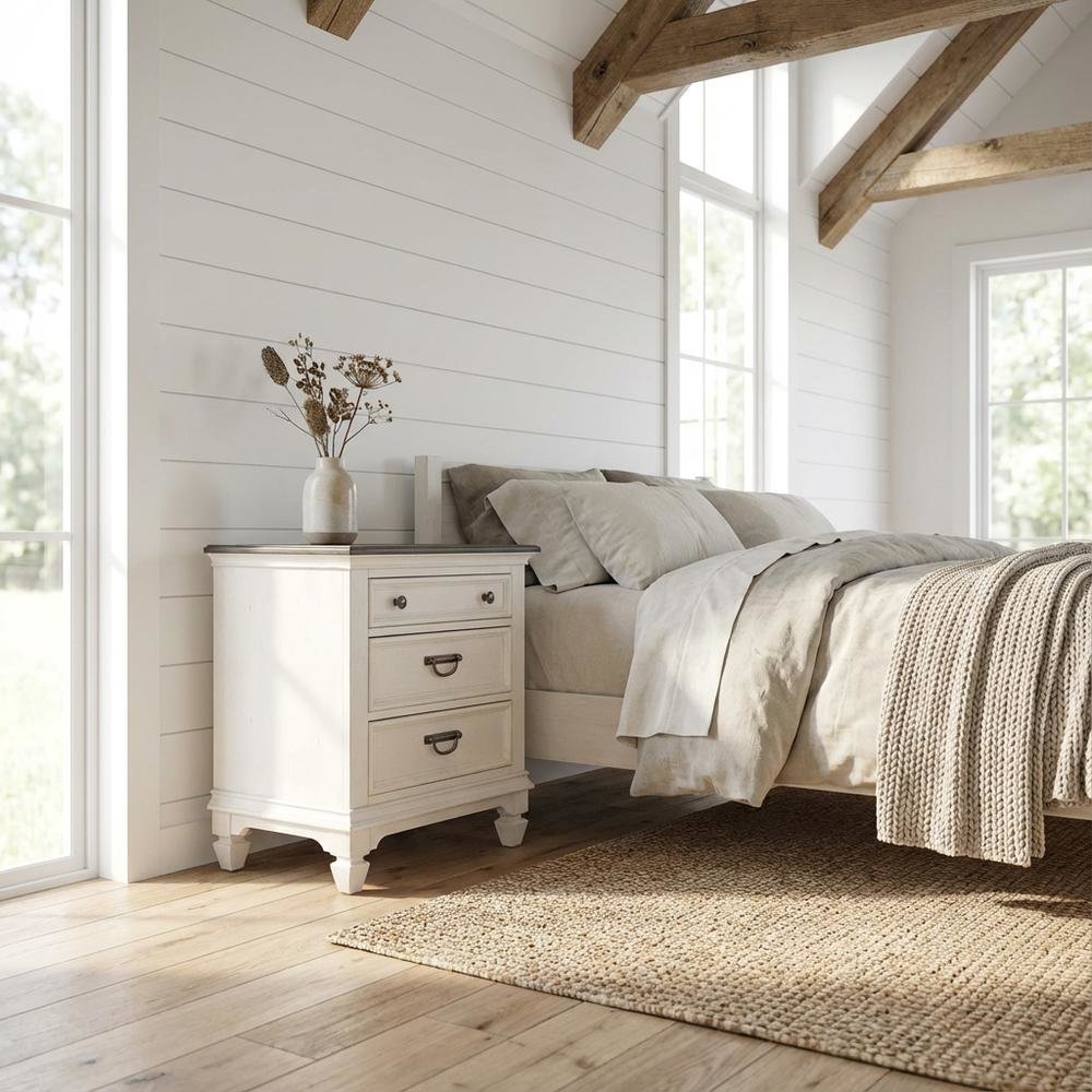 White Nightstand with Charging Station and Wirebrushed Finish