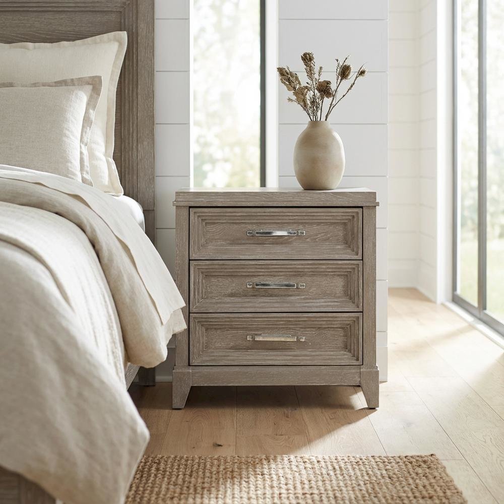 Washed Taupe Nightstand with 3 Drawers and Contemporary Style