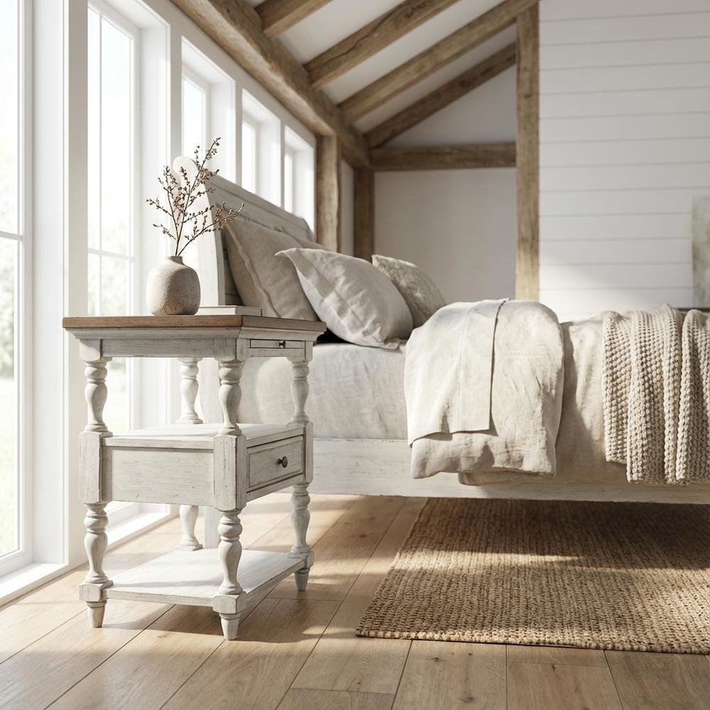 Antique White Bedroom Nightstand with Chestnut Top and Single Drawer