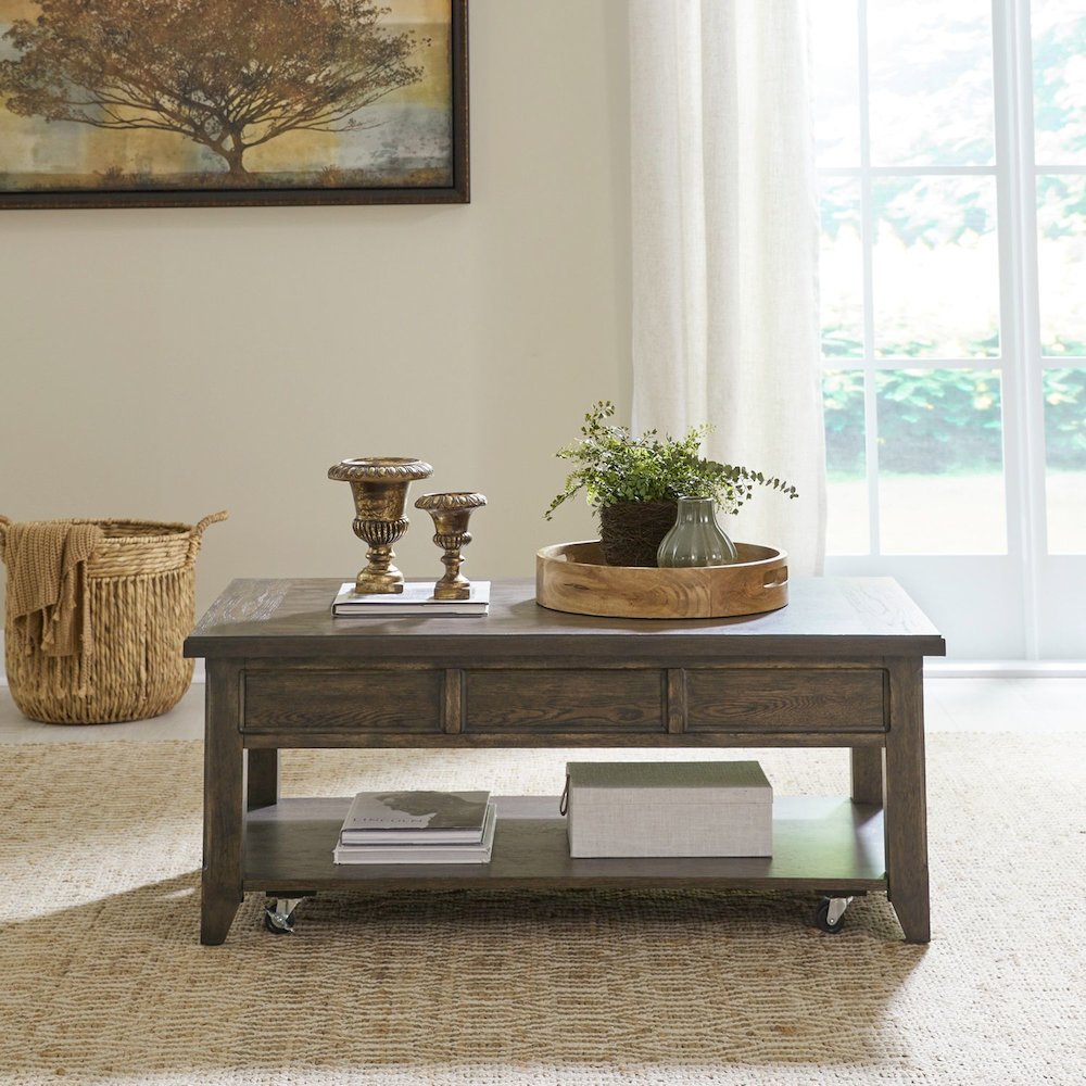 Lift Top Cocktail Table with Wheels, Hidden Storage - Saddle Brown Oak Wood