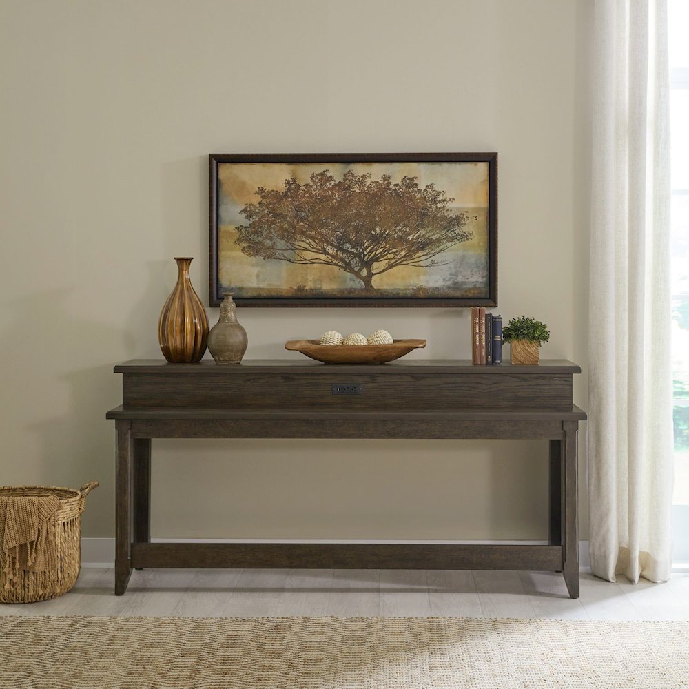 Console Bar Table Traditional - AC USB Charging Station - Saddle Brown Oak Wood