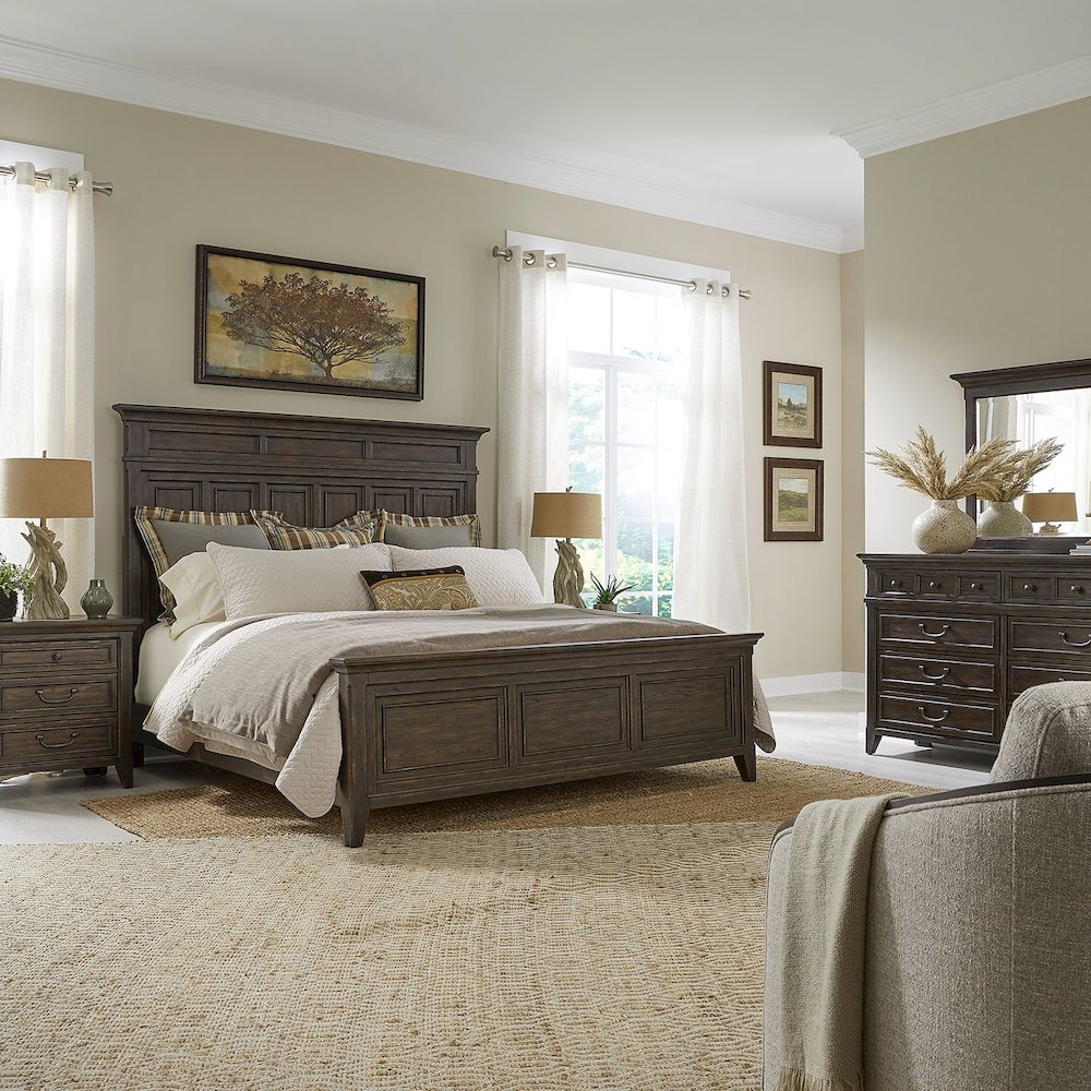 Paradise Valley King Panel Bed, Dresser & Mirror, Night Stand - Saddle Brown