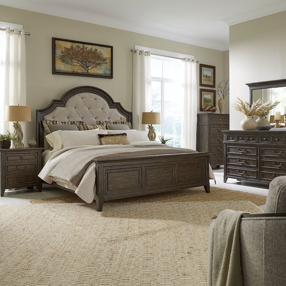 King Upholstered Bed, Dresser & Mirror, Chest, Night Stand - Saddle Brown