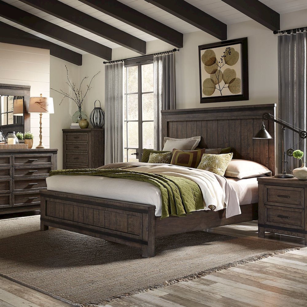King Panel Bed, Dresser & Mirror, Chest, Night Stand - Rock Beaten Brown