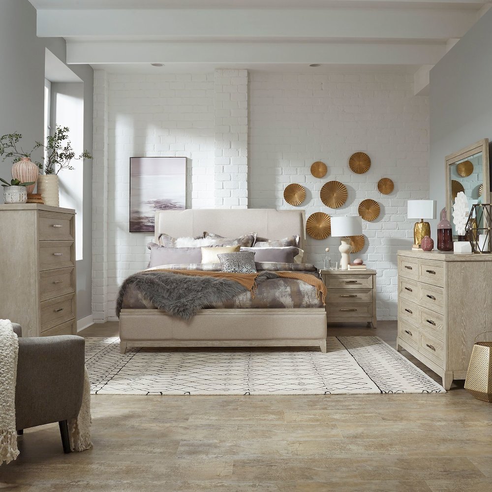 California King Bed, Dresser & Mirror, Chest, Night Stand - Taupe & Silver