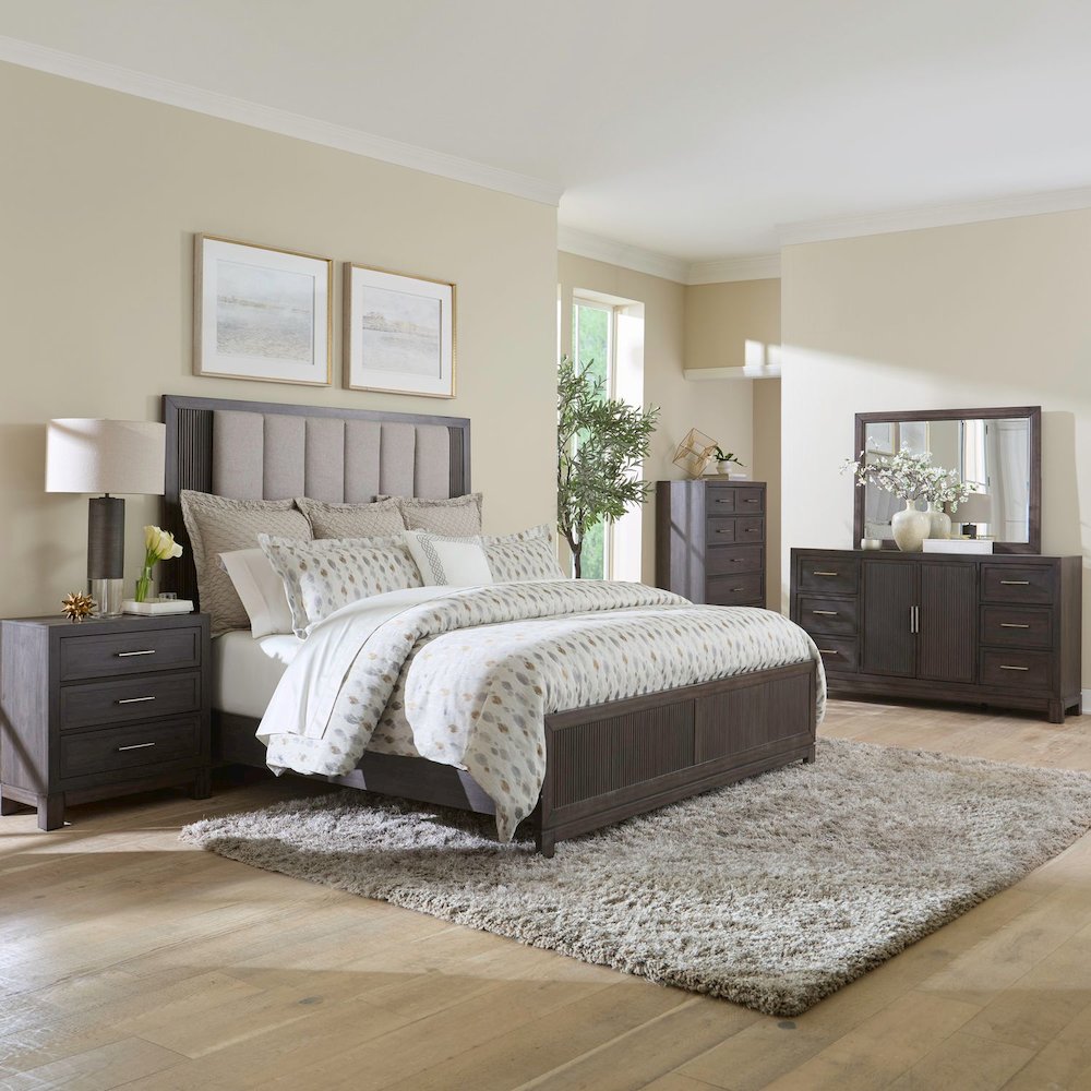 King Upholstered Bed, Dresser & Mirror, Chest, Night Stand Bedroom Set - Caffe