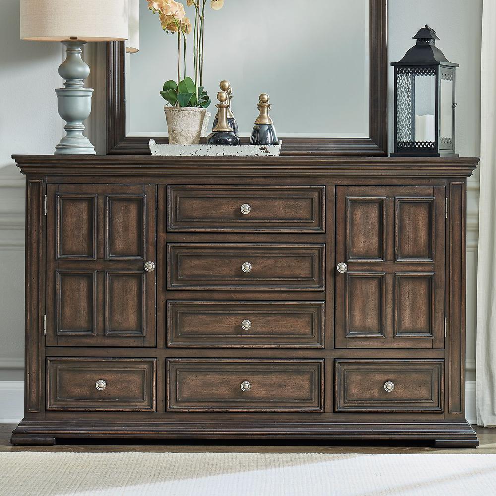 Big Valley 2 Door 6 Drawer Dresser in Brownstone w/ Heavy Distressing