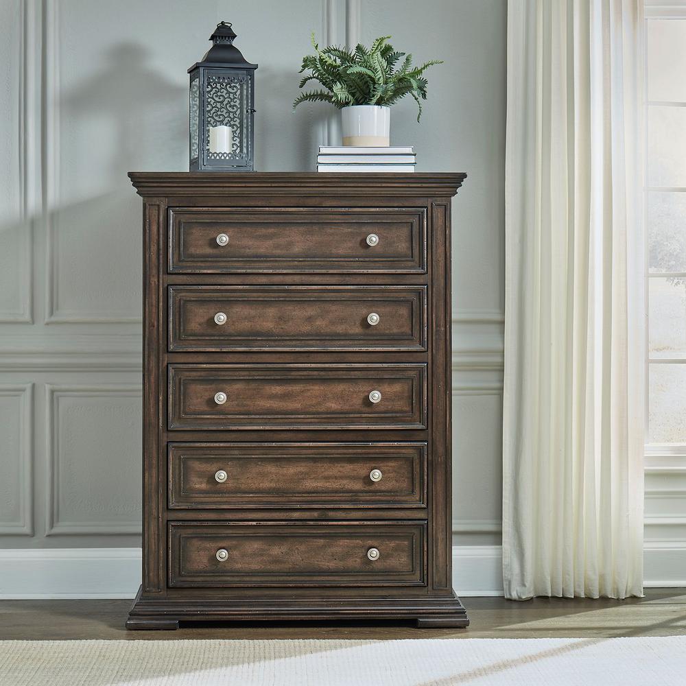 Big Valley 5 Drawer Chest in Brownstone w/ Heavy Distressing
