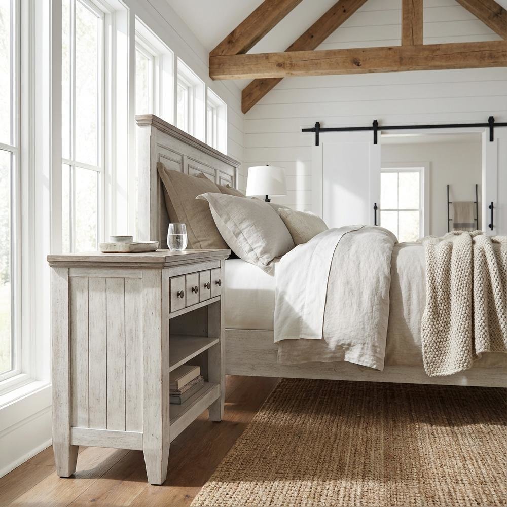 White Nightstand with Charging Station and Farmhouse Style