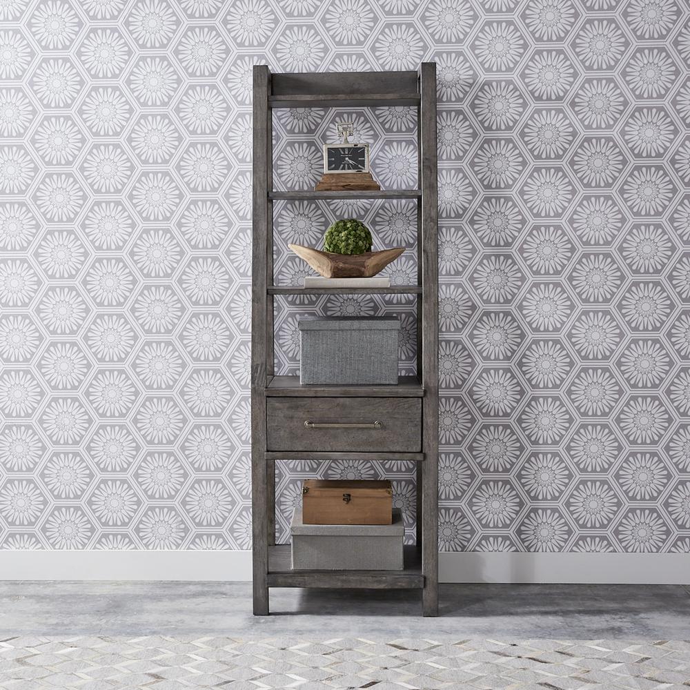 Modern Farmhouse Leaning Bookcase in Dusty Charcoal w/ Heavy Distressing