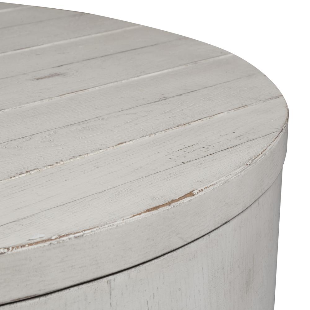 Modern Farmhouse Drum Cocktail Table in Flea Market White w/ Heavy Distressing