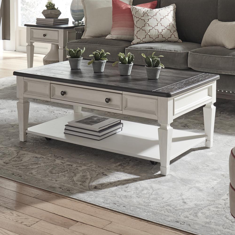 Allyson Park Rectangular Cocktail Table in Wirebrushed White w/ Charcoal Top