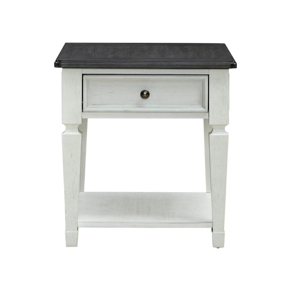Antique White Wood End Table with Drawer and Bottom Shelf for Living Room