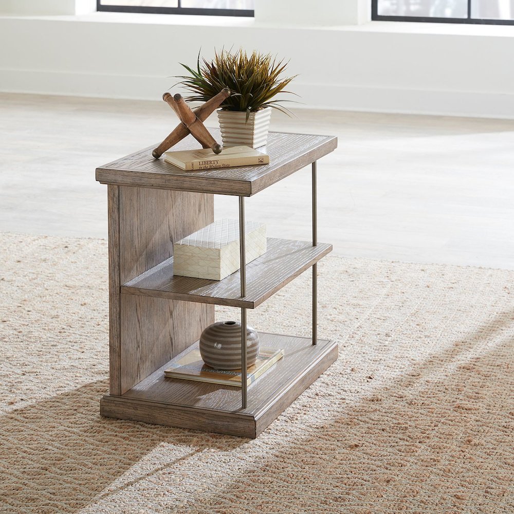City Scape Metal Accent Oak Wood Chair Side Table for Living Room, Beige