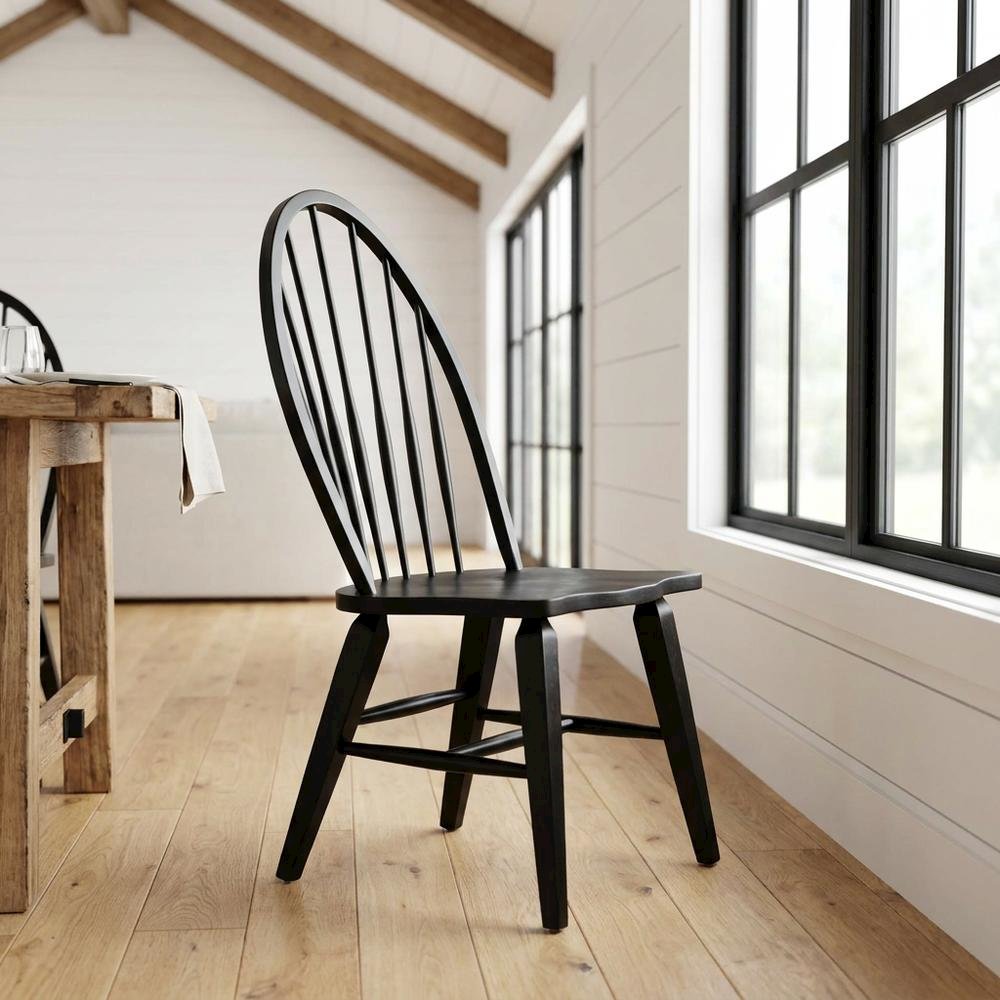 Rubberwood Windsor Back Solid Wood Dining Chair for Farmhouse Kitchen, Black