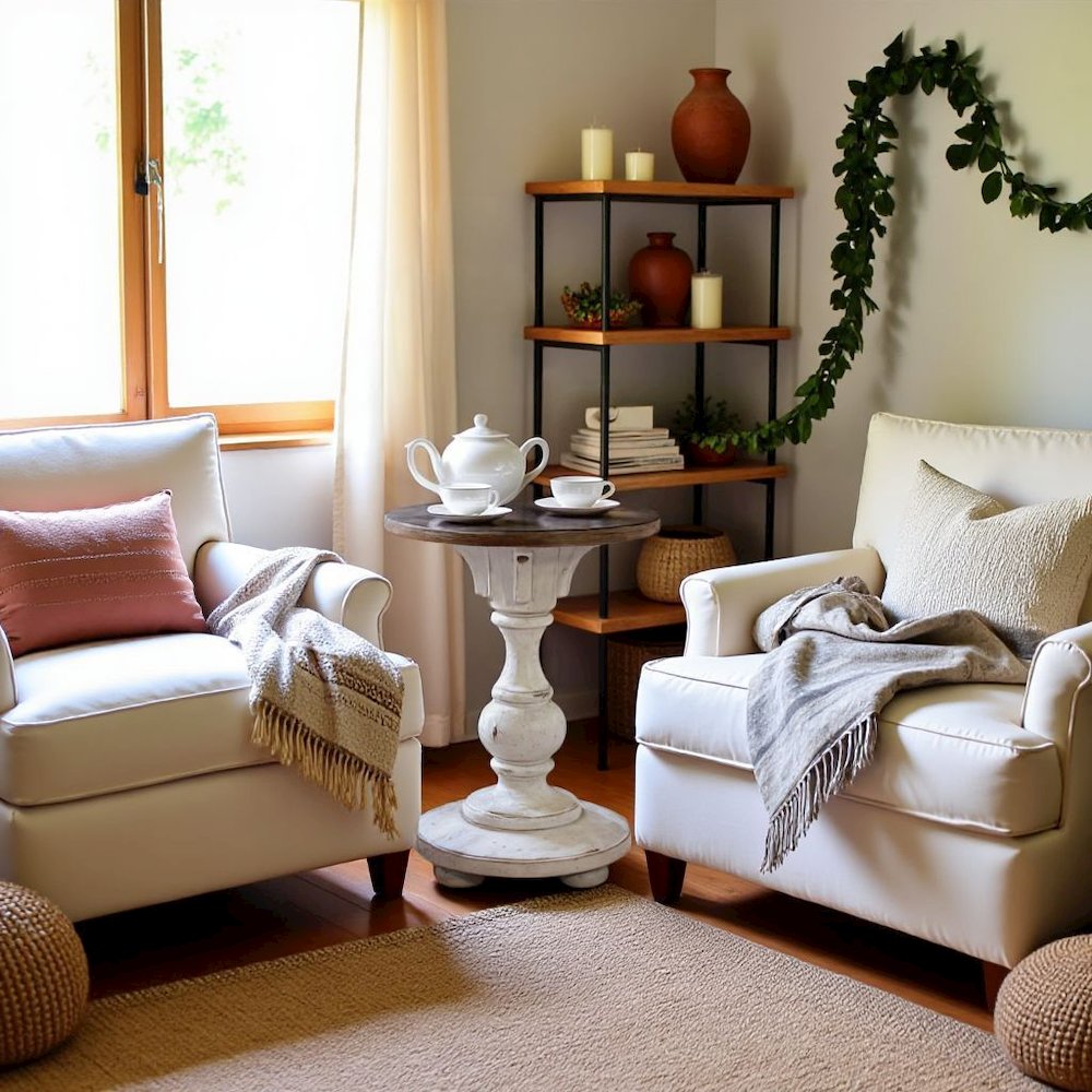 White Accent Table for Entryway with Antique Finish and Round Top