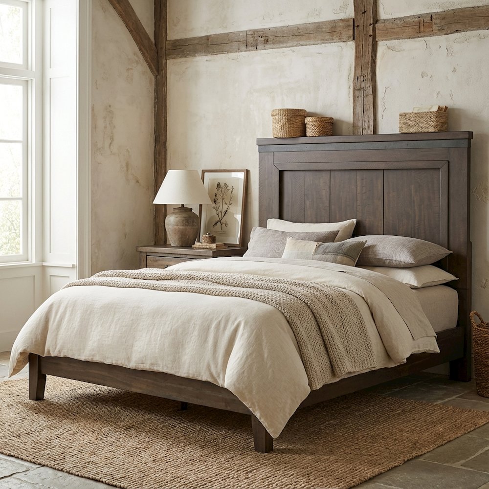 Rock Beaten Brown Twin Panel Headboard with Saw Cuts Rustic Solid Wood Design