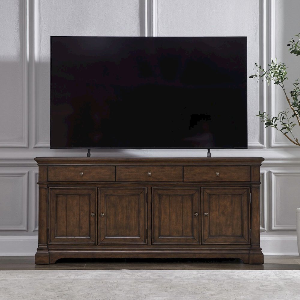 Arden Road TV Console, 74 Inch, Satin Cherry, 3 Drawers, 4 Doors