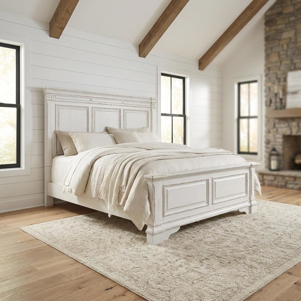 Rubberwood Solid Wood King Panel Bed with Headboard, White