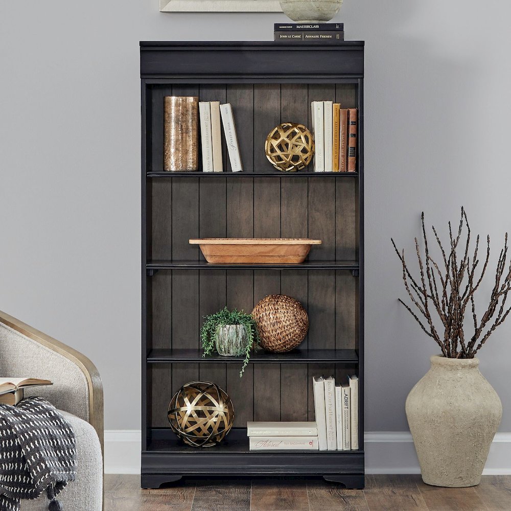 Meritage 60 Inch Bookcase for Home Office - Aged Charcoal w/ Rub Thru & Caramel