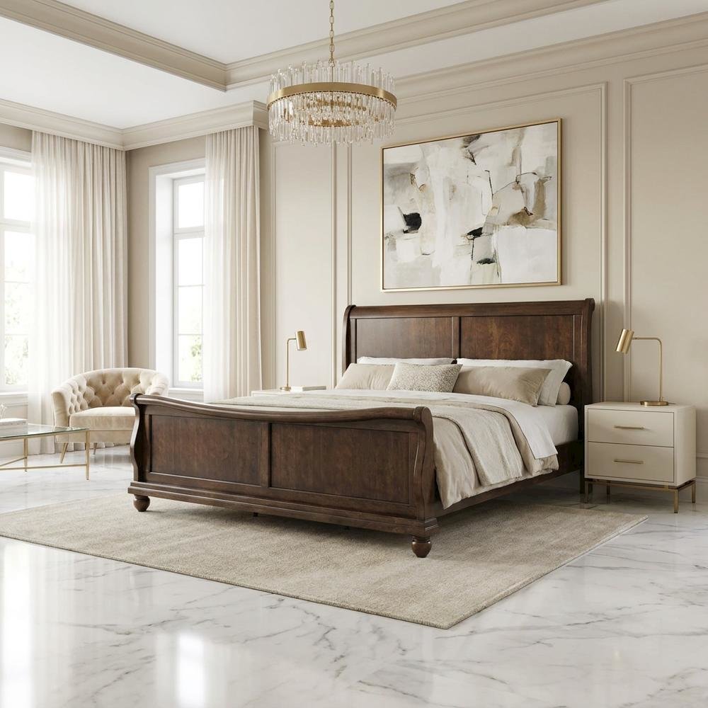 Poplar Solid Wood Queen Sleigh Bed with Tall Headboard, Cherry