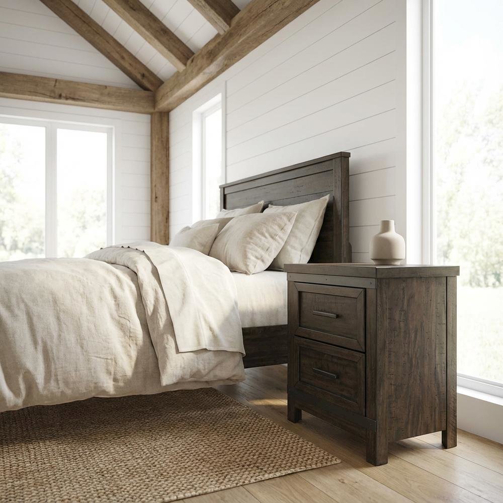 Rustic Brown Nightstand with 2 Drawers and Saw Cut Finish