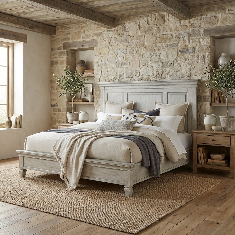 Antique White, Tobacco Top Panel Headboard, Wood Construction, Farmhouse Design