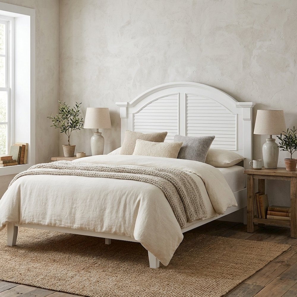 Queen Oyster White and Navy Panel Headboard in Solid Wood with Cottage Design