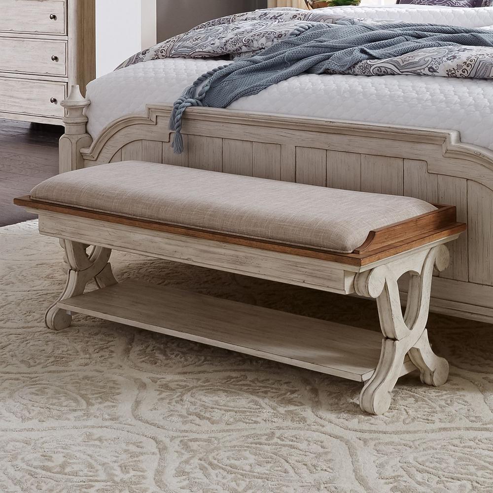 Farmhouse Reimagined Bed Bench in Antique White w/ Chestnut Top