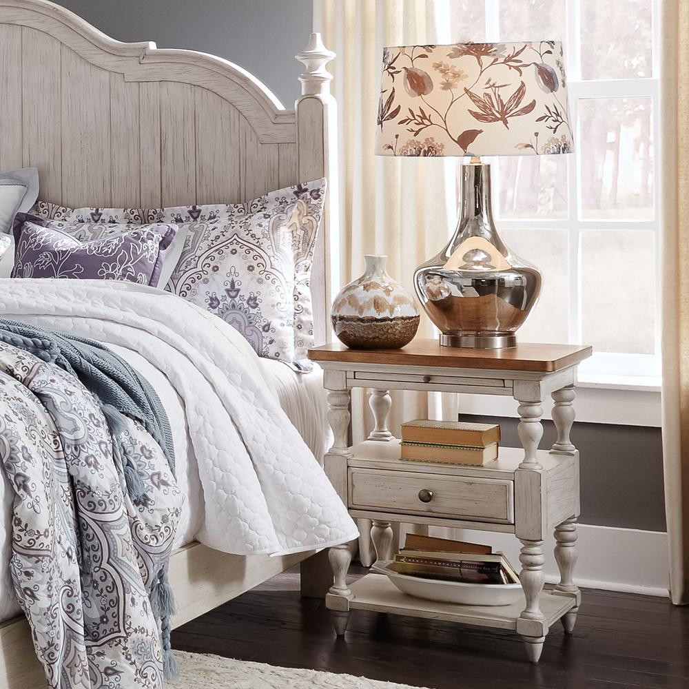 Farmhouse Reimagined 1 Drawer Night Stand in Antique White w/ Chestnut Top