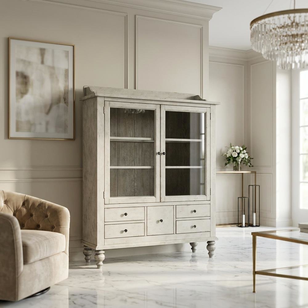 Oak Veneer Curio Cabinet with Glass Doors and Built-In Lighting, White