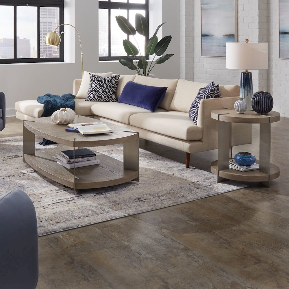 3 Piece Set - Oval Cocktail Table, 2 End Tables - Sandstone & Satin Nickel